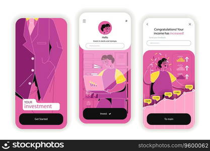 Business investment concept onboarding screens. Successful financial strategy, analysis and earnings growth. UI, UX, GUI user interface kit with flat people scene. Vector illustration for web design