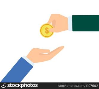 business investment hand holding coin in flat style, vector. business investment hand holding coin in flat style