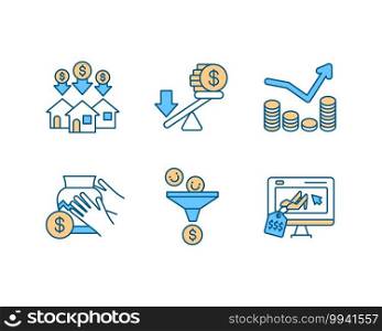 Business investment RGB color icons set. Purchase property. Buying building. Avoid financial leverage. Penny stock. Handcrafted goods. Marketing funnel. Fashion store. Isolated vector illustrations. Business investment RGB color icons set