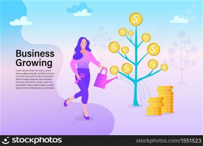 Business investment with money tree illustration. Man watering tree with bitcoin symbols. Business Development, Profit Growth Illustration.