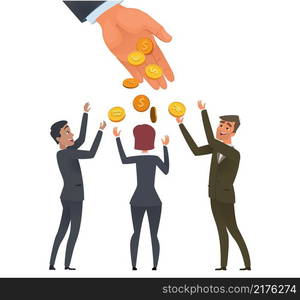 Business investments. Joy team, happy businessmen and golden coin. Falling money from hand vector concept. Illustration business success investment, successful teamwork. Business investments. Joy team, happy businessmen and golden coin. Falling money from hand vector concept