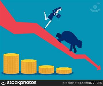 Business investor character on drop arrow with bear going down the cart. Stock market at crisis