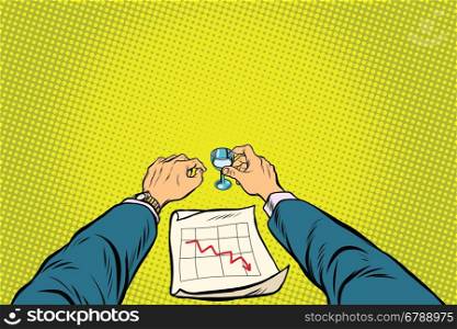 Business is bad, the graph of sales is down, the businessman got drunk, pop art retro vector illustration