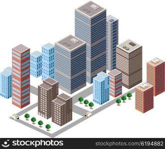 Business isometric city with many different houses, offices, skyscrapers, supermarkets and streets with traffic.