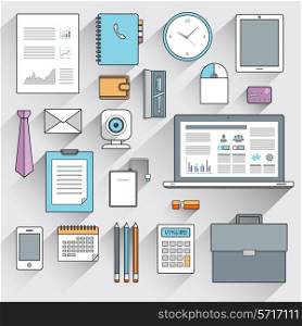 Business items and mobile devices flat line icons set isolated vector illustration