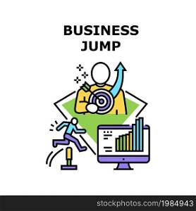 Business Jump Vector Icon Concept. Business Jump In Professional Occupation And Increasing Financial Profit Income. Entrepreneur Businessperson Successfully Goal Achievement Color Illustration. Business Jump Vector Concept Color Illustration