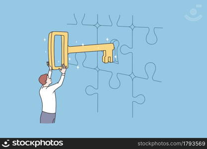 Business key, solution and success concept. Young businessman standing opening puzzle door with golden key achieving goal alone vector illustration . Business key, solution and success concept