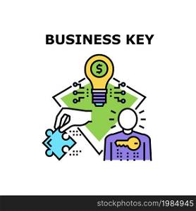 Business Key Vector Icon Concept. Business Key Of Startup For Start Company Occupation, Businessman Thinking Idea And Strategy For Earning Money. Entrepreneur Organization Color Illustration. Business Key Vector Concept Color Illustration