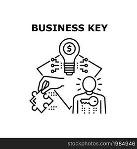 Business Key Vector Icon Concept. Business Key Of Startup For Start Company Occupation, Businessman Thinking Idea And Strategy For Earning Money. Entrepreneur Organization Black Illustration. Business Key Vector Concept Black Illustration