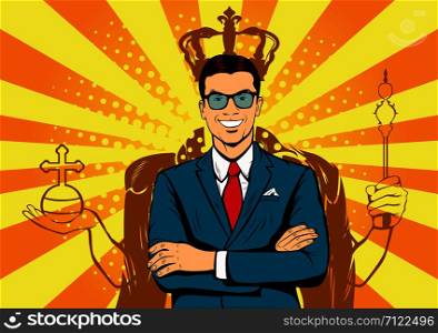 Business king. Businessman with shadow as king. Man leader, success boss, human ego. Vector retro pop art comic drown illustration.