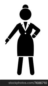 Business lady point with finger down gesture at something. Black and white logo portrait with businesswoman wearing office dress. Web icon isolated female in office suit keep dresscode. Vector avatar. Businesswoman portrait, black figure of business person point down, show something with hand