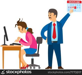 Business lady works at computer in office to finish task before deadline. Boss urges employee to complete assignments at designated time. Working in office and implementation of assign tasks concept. Woman works at computer to finish task before deadline. Angry boss in office urges employee