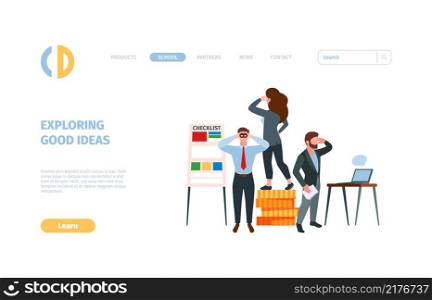 Business landing. Businessman watching in telescope outdoor exploration processes garish vector web page with place for text. Illustration watching idea, success business character. Business landing. Businessman watching in telescope outdoor exploration processes garish vector web page with place for text