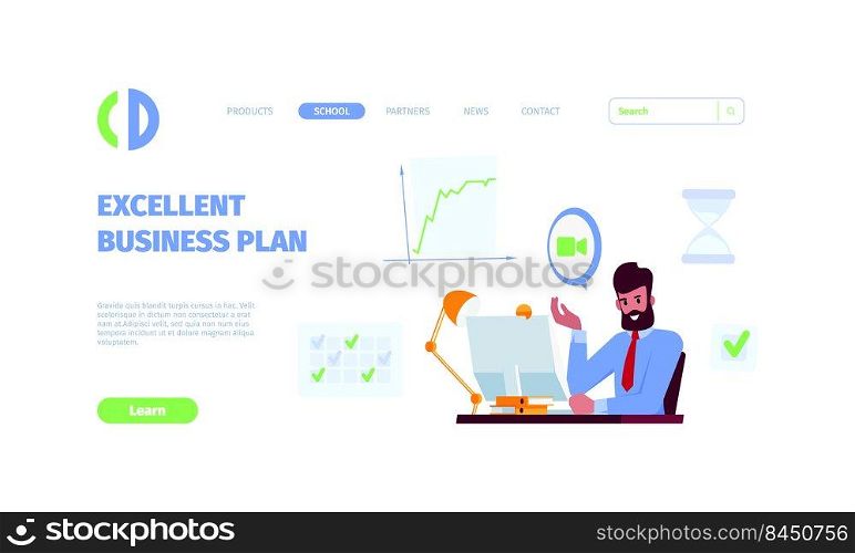 Business landing. Busy character sitting at workplace with laptop or pc monitor on table garish vector web page template. Illustration of business office job, concept work character. Business landing. Busy character sitting at workplace with laptop or pc monitor on table garish vector web page template