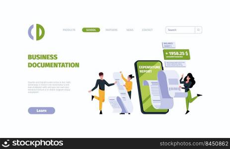 Business landing. Entrepreneurs subscribed business documents partnership characters garish vector web page template with place for text. Illustration of business paper, financial expenditure. Business landing. Entrepreneurs subscribed business documents partnership characters garish vector web page template with place for text