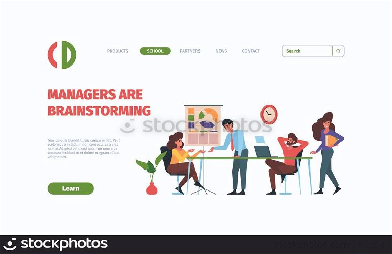 Business landing. Managers brainstorming dialogue active characters people dialogue business collaboration garish vector web page with place for text. Illustration of business brainstorming. Business landing. Managers brainstorming dialogue active characters people dialogue business collaboration garish vector web page with place for text