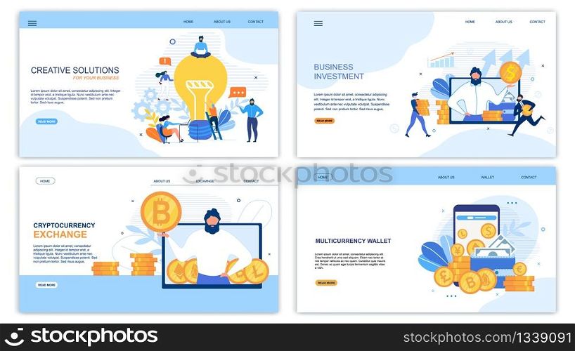 Business Landing Page Set for Earning Money and Increase Profit. Creative Solution Generation, Profitable Investment, Cryptocurrency Exchange and Multicurrency Wallet App. Vector Flat Illustration. Earning Money, Increase Profit Landing Page Set