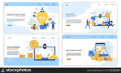 Business Landing Page Set for Earning Money and Increase Profit. Creative Solution Generation, Profitable Investment, Cryptocurrency Exchange and Multicurrency Wallet App. Vector Flat Illustration. Earning Money, Increase Profit Landing Page Set