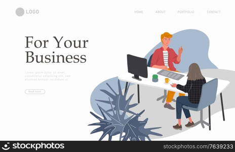 Business Landing page template with Office workers communicating or talking to client or conversations between teamwork or meeting, brainstorming. Vector cartoon concept illustration for business. Business Landing page template with Office workers communicating or talking to client or conversations between teamwork or meeting, brainstorming. Vector cartoon concept illustration