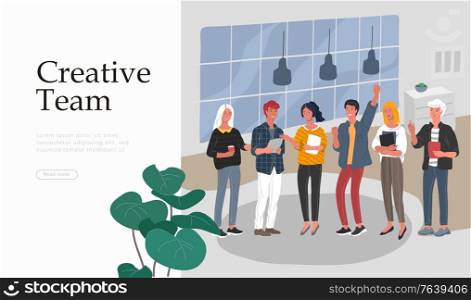 Business Landing page template with Office workers communicating or talking to client or conversations between teamwork or meeting, brainstorming. Vector cartoon concept illustration for business. Business Landing page template with Office workers communicating or talking to client or conversations between teamwork or meeting, brainstorming. Vector cartoon concept illustration