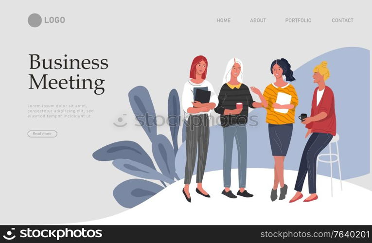 Business Landing page template with Office workers communicating or talking to client or conversations between teamwork or meeting, brainstorming. Vector cartoon concept illustration for business. Business Landing page template with Office workers communicating or talking to client or conversations between teamwork or meeting, brainstorming. Vector cartoon concept illustration