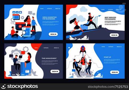 Business landing page. Web site with cartoon characters and online marketing concept. Vector illustrations modern layout finance and creative technology banners designs set. Business landing page. Web site with cartoon characters and online marketing concept. Vector modern finance and technology banners
