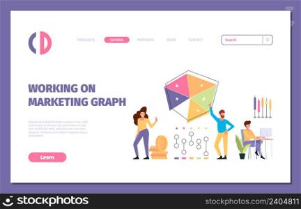 Business landing. Quality strategy marketing benchmarks graphs and diagrams time cost compare garish vector web page. Illustration of business landing page with data management. Business landing. Quality strategy marketing benchmarks graphs and diagrams time cost compare garish vector web page