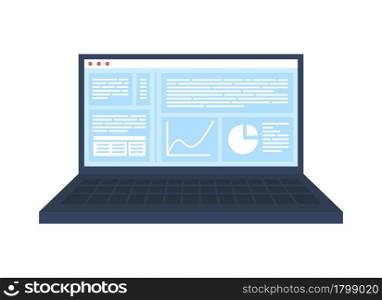 Business laptop semi flat color vector object. Full sized item on white. Charts on screen. Office electronic equipment isolated modern cartoon style illustration for graphic design and animation. Business laptop semi flat color vector object