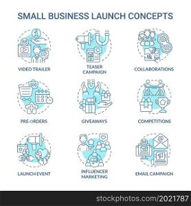 Business launch concept icons set. Modern project and service startup boosting. Marketing and business strategy idea thin line color illustrations. Vector isolated outline drawings. Business launch concept icons set