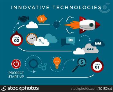 Business launch infographic. Startup project finance and work employees concept with diagram and arrows rocket vector icons. Business launch rocket, development idea illustraion. Business launch infographic. Startup project finance and work employees concept with diagram and arrows rocket vector icons