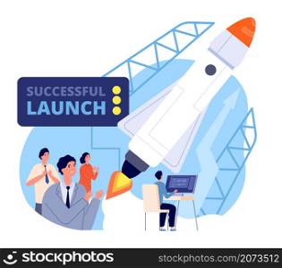 Business launch. Launching startup, fly spaceship project. Start process, management strategy or innovation mission utter vector. Illustration rocket project start up, spaceship development innovation. Business launch. Launching startup, fly spaceship new project. Start process, management work strategy or innovation mission utter vector concept