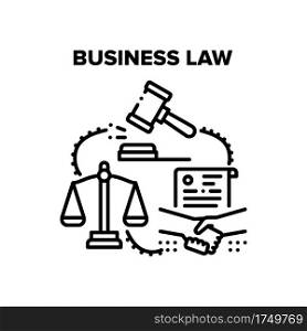 Business Law Vector Icon Concept. Businessman And Partner Lawyer Handshaking After Success Signed Agreement, Business Law Consultation And Advice. Legal Service And Justice Black Illustration. Business Law Vector Black Illustrations