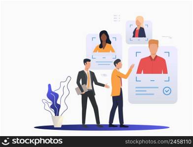 Business leader consulting HR expert. Two men studying candidates profiles. Human resource concept. Vector illustration can be used for topics like employment, personnel search, head hunting