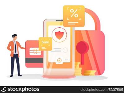 Business leader inserting credit card into cell. Smartphone, lock, shield. Security concept. Vector illustration for layouts, landing pages, website templates