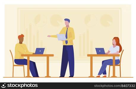 Business leader instructing workgroup. Team using laptops on office flat vector illustration. Corporate discussion, communication concept for banner, website design or landing web page