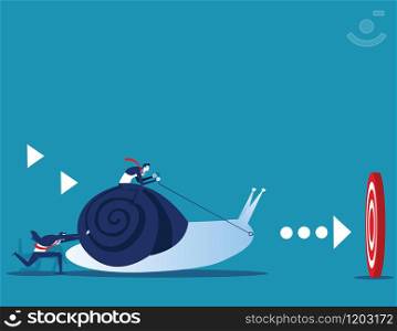 Business leader pushing snail with employee to target for success. Concept business and animal vector illustration.