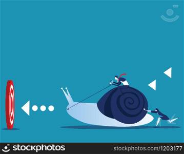 Business leader pushing snail with employee to target for success. Concept business and animal vector illustration.
