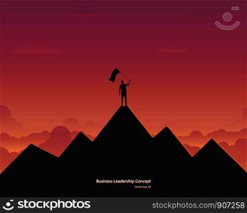 Business leader vector concept. Businessman planting flag on top of mountain. Symbol of success, Achievement, Career, Leadership, Silhouette sunset background. Vector illustration flat