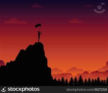 Business leader vector concept. Businessman planting flag on top of mountain. Symbol of success, Achievement, Career, Leadership, Silhouette sunset background. Vector illustration flat