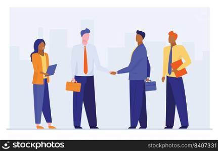 Business leaders shaking hands. Partners closing deal flat vector illustration. Partnership, cooperation, contract, agreement concept for banner, website design or landing web page