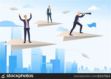 Business leaders standing on paper planes and looking through binoculars. Planning, challenge, spyglass. Leadership concept. Vector illustration for topics like business, development, success