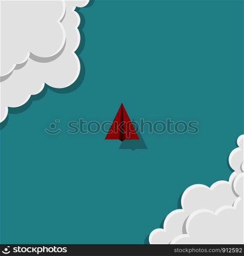 Business leadership concept. Red paper plane flying on the sky with clouds. Success, Top view. Vector illustration flat