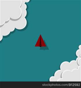 Business leadership concept. Red paper plane flying on the sky with clouds. Success, Top view. Vector illustration flat