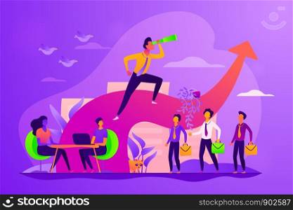 Business leadership, managing skills, leadership training plan and success achievement concept. Vector isolated concept illustration with tiny people and floral elements. Hero image for website.. Leadership concept vector illustration.