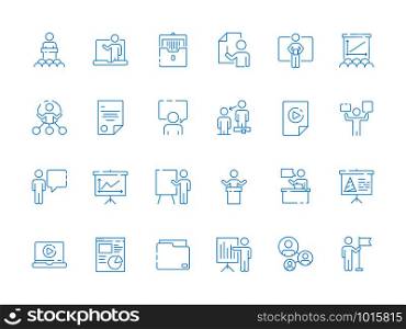 Business learning icon. Conference room manager presentation coaching team vector presentation symbols. Conference and presentation, business team training illustration. Business learning icon. Conference room manager presentation coaching team vector presentation symbols