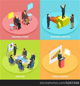 Business Learning Isometric Concept. Business learning isometric concept with different ways of personal achievement development and coaching vector illustration