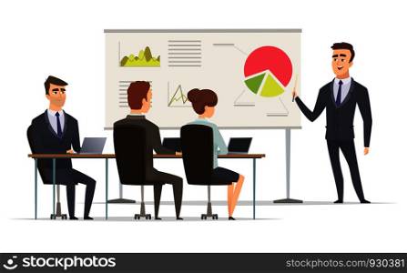 Business lesson. Teacher Manager learning on lecture office presentation concept marketing plan on whiteboard vector meeting peoples. Office lesson business people, illustration presentation seminar. Business lesson. Teacher Manager learning on lecture office presentation concept marketing plan on whiteboard vector meeting peoples