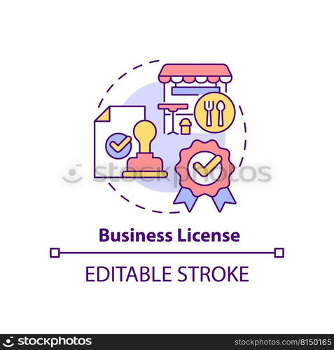 Business license concept icon. Legitimize foodservice establishment abstract idea thin line illustration. Legal document. Isolated outline drawing. Editable stroke. Arial, Myriad Pro-Bold fonts used. Business license concept icon