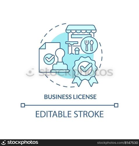 Business license turquoise concept icon. Legitimize food service establishment abstract idea thin line illustration. Isolated outline drawing. Editable stroke. Arial, Myriad Pro-Bold fonts used. Business license turquoise concept icon