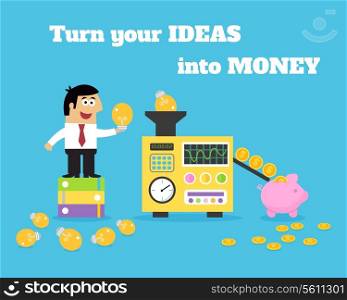 Business life employee put lightbulbs in ideas money converter vector illustration
